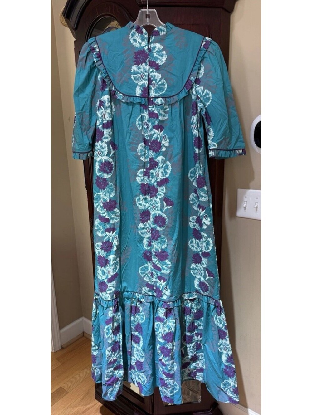 Vtg TORI RICHARD Golden Monarch Collection Teal Floral Printed Maxi Dress Size M - Picture 4 of 9